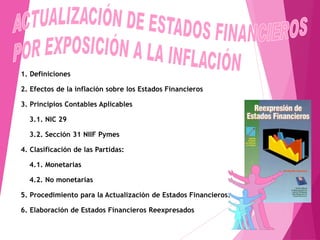 1. Definiciones
2. Efectos de la inflación sobre los Estados Financieros
3. Principios Contables Aplicables
3.1. NIC 29
3.2. Sección 31 NIIF Pymes
4. Clasificación de las Partidas:
4.1. Monetarias
4.2. No monetarias
5. Procedimiento para la Actualización de Estados Financieros:
6. Elaboración de Estados Financieros Reexpresados
 