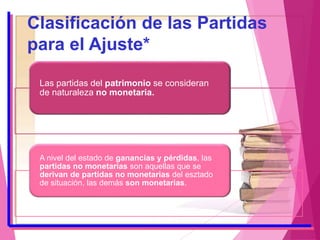 Clasificación de las Partidas
para el Ajuste*
Las partidas del patrimonio se consideran
de naturaleza no monetaria.
A nivel del estado de ganancias y pérdidas, las
partidas no monetarias son aquellas que se
derivan de partidas no monetarias del esztado
de situación, las demás son monetarias.
*Fernando Catacora Carpio
 