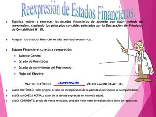 Significa volver a expresar los estados financieros de acuerdo con algún método de
reexpresión, siguiendo los principios contables señalados por la Declaración de Principios
de Contabilidad N° 10.
Adaptar los estados financieros a la realidad económica.
Estados Financieros sujetos a reexpresión:
❖ Balance General
❖ Estado de Resultados
❖ Estado de Movimiento del Patrimonio
❖ Flujo del Efectivo
VALOR HISTÓRICO VALOR A MONEDA ACTUAL
VALOR HISTÓRICO: valor original o valor de incorporación de la partida al patrimonio de la organización.
VALOR A MONEDA ACTUAL: valor de la partida expresada en moneda actual.
VALOR CORRIENTE: precio de venta realizada, probable valor neto de realización o costo de reposición.
CONVERSIÓN
(DPC 10)
 