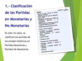 1.- Clasificación
de las Partidas
en Monetarias y
No Monetarias
En este 1er paso, se
clasifican las partidas de
los estados históricos en
Partidas Monetarias y
Partidas No Monetarias
 