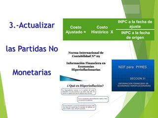 3.-Actualizar
las Partidas No
Monetarias
A través de la fórmula:
Costo
Ajustado =
Costo
Histórico X
INPC a la fecha de
ajuste
INPC a la fecha
de origen
 