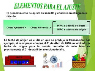 El procedimiento de ajuste es sencillo y consiste en el siguiente
cálculo:
La fecha de origen es el día en que se produjo la transacción; por
ejemplo, si la empresa compró el 01 de Abril de 2010 un vehículo, la
fecha de origen para la cuenta contable de este bien es
precisamente el 01 de abril del mencionado año.
B.C.V.
Costo Ajustado = Costo Histórico X
INPC a la fecha de ajuste
INPC a la fecha de origen
 