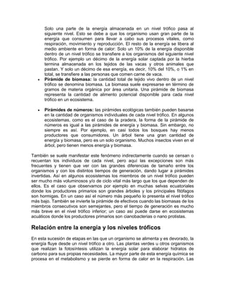 Solo una parte de la energía almacenada en un nivel trófico pasa al
siguiente nivel. Esto se debe a que los organismo usan gran parte de la
energía que consumen para llevar a cabo sus procesos vitales, como
respiración, movimiento y reproducción. El resto de la energía se libera al
medio ambiente en forma de calor: Solo un 10% de la energía disponible
dentro de un nivel trófico se transfiere a los organismos del siguiente nivel
trófico. Por ejemplo un décimo de la energía solar captada por la hierba
termina almacenada en los tejidos de las vacas y otros animales que
pastan. Y solo un décimo de esa energía, es decir, 10% del 10%, o 1% en
total, se transfiere a las personas que comen carne de vaca.
Pirámide de biomasa: la cantidad total de tejido vivo dentro de un nivel
trófico se denomina biomasa. La biomasa suele expresarse en término de
gramos de materia orgánica por área unitaria. Una pirámide de biomasa
representa la cantidad de alimento potencial disponible para cada nivel
trófico en un ecosistema.
Pirámides de números: las pirámides ecológicas también pueden basarse
en la cantidad de organismos individuales de cada nivel trófico. En algunos
ecosistemas, como es el caso de la pradera, la forma de la pirámide de
números es igual a las pirámides de energía y biomasa. Sin embargo, no
siempre es así. Por ejemplo, en casi todos los bosques hay menos
productores que consumidores. Un árbol tiene una gran cantidad de
energía y biomasa, pero es un solo organismo. Muchos insectos viven en el
árbol, pero tienen menos energía y biomasa.
También se suele manifestar este fenómeno indirectamente cuando se censan o
recuentan los individuos de cada nivel, pero aquí las excepciones son más
frecuentes y tienen que ver con las grandes diferencias de tamaño entre los
organismos y con los distintos tiempos de generación, dando lugar a pirámides
invertidas. Así en algunos ecosistemas los miembros de un nivel trófico pueden
ser mucho más voluminosos y/o de ciclo vital más largo que los que dependen de
ellos. Es el caso que observamos por ejemplo en muchas selvas ecuatoriales
donde los productores primarios son grandes árboles y los principales fitófagos
son hormigas. En un caso así el número más pequeño lo presenta el nivel trófico
más bajo. También se invierte la pirámide de efectivos cuando las biomasas de los
miembros consecutivos son semejantes, pero el tiempo de generación es mucho
más breve en el nivel trófico inferior; un caso así puede darse en ecosistemas
acuáticos donde los productores primarios son cianobacterias o nano protistas.
Relación entre la energía y los niveles tróficos
En esta sucesión de etapas en las que un organismo se alimenta y es devorado, la
energía fluye desde un nivel trófico a otro. Las plantas verdes u otros organismos
que realizan la fotosíntesis utilizan la energía solar para elaborar hidratos de
carbono para sus propias necesidades. La mayor parte de esta energía química se
procesa en el metabolismo y se pierde en forma de calor en la respiración. Las
 