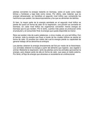 plantas convierten la energía restante en biomasa, sobre el suelo como tejido
leñoso y herbáceo y bajo éste como raíces. Por último, este material, que es
energía almacenada, se transfiere al segundo nivel trófico que comprende los
herbívoros que pastan, los descomponedores y los que se alimentan de detritos.
Si bien, la mayor parte de la energía asimilada en el segundo nivel trófico se
pierde de nuevo en forma de calor en la respiración, una porción se convierte en
biomasa. En cada nivel trófico los organismos convierten menos energía en
biomasa que la que reciben. Por lo tanto, cuantos más pasos se produzcan entre
el productor y el consumidor final, la energía que queda disponible es menor.
Rara vez existen más de cuatro eslabones, o cinco niveles, en una red trófica. Con
el tiempo, toda la energía que fluye a través de los niveles tróficos se pierde en
forma de calor. El proceso por medio del cual la energía pierde su capacidad de
generar trabajo útil se denomina la entropía.
Las plantas obtienen la energía directamente del Sol por medio de la fotosíntesis.
Los animales obtienen la energía a partir del alimento que ingieren, sea vegetal o
animal. Mediante la respiración, tanto las plantas como los animales aprovechan la
energía, pero disipan parte de ella en forma de calor, que pasa al medio externo.
Por tanto, el flujo de energía que atraviesa un ecosistema es unidireccional.
 