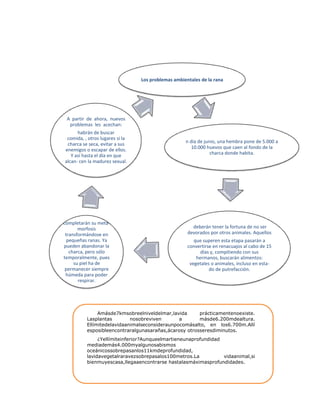Los problemas ambientales de la rana
n día de junio, una hembra pone de 5.000 a
10.000 huevos que caen al fondo de la
charca donde habita.
deberán tener la fortuna de no ser
devorados por otros animales. Aquellos
que superen esta etapa pasarán a
convertirse en renacuajos al cabo de 15
días y, compitiendo con sus
hermanos, buscarán alimentos:
vegetales o animales, incluso en esta-
do de putrefacción.
completarán su meta-
morfosis
transformándose en
pequeñas ranas. Ya
pueden abandonar la
charca, pero sólo
temporalmente, pues
su piel ha de
permanecer siempre
húmeda para poder
respirar.
A partir de ahora, nuevos
problemas les acechan:
habrán de buscar
comida, , otros lugares si la
charca se seca, evitar a sus
enemigos o escapar de ellos.
Y así hasta el día en que
alcan- cen la madurez sexual.
Amásde7kmsobreelniveldelmar,lavida prácticamentenoexiste.
Lasplantas nosobreviven a másde6.200mdealtura.
Ellímitedelavidaanimalseconsideraunpocomásalto, en los6.700m.Allí
esposibleencontraralgunasarañas,ácarosy otrosseresdiminutos.
¿Yellímiteinferior?Aunqueelmartieneunaprofundidad
mediademás4.000myalgunosabismos
oceánicossobrepasanlos11kmdeprofundidad,
lavidavegetalraravezsobrepasalos100metros.La vidaanimal,si
bienmuyescasa,llegaaencontrarse hastalasmáximasprofundidades.
 