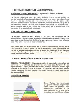  ESCUELA CONDUCTISTA DE LA ADMINISTRACIÓN:

Surgimiento Escuela Conductista: (La organización son las personas)

La escuela conductista surgió, en parte, debido a que el enfoque clásico no
lograba suficiente eficiencia productiva ni armonía en el centro de trabajo. Para
frustración de los gerentes, las personas no siempre seguían los patrones de
conducta pronosticados o esperados. Por tanto, aumentó el interés por ayudar a
los gerentes a manejar con más eficacia el lado personal de sus organizaciones.
Varios teóricos trataron de reforzar la teoría clásica de la organización con
elementos de la sociología y la psicología.

¿QUÉ ES LA ESCUELA CONDUCTISTA?


La escuela conductista está referida a un grupo de estudiosos de la
administración, con estudios de sociología, psicología y campos relacionados, que
usan sus conocimientos interdisciplinarios para proponer formas más eficaces
para dirigir a las personas en las organizaciones.


Esta teoría trajo una nueva visión de la práctica administrativa basada en el
comportamiento humano dentro de las organizaciones. Bajo este enfoque se
plantea la relativa dificultad encontrada al aplicar los conceptos de las diversas
teorías sobre la organización, cada cual con un enfoque diferente y, muchas
veces, en conflicto con los demás.


  ESCUELA PSICOLÓGICA O TEORÍA CONDUCTISTA:


ESCUELA PSICOLOGICA.- Esta escuela analiza la superación personal de los
individuos. La posibilidad de ordenar las relaciones para beneficio de las
organizaciones. Además, determinaron que las personas pretendían obtener algo
más que recompensas o placer al instante. Dado que las personas tenían formas
de vida complejas, entonces las relaciones en la organización deberían sustentar
dicha complejidad.

PIRAMIDE DE MASLOW:



                                              Según Maslow, las necesidades
                                              que quieren satisfacer las personas
                                              tienen forma de pirámide. Las
                                              necesidades materiales y de
                                              seguridad están en la base de la
                                              pirámide y las necesidades del ego
 
