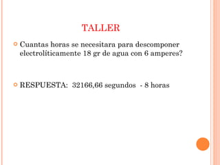TALLER Cuantas horas se necesitara para descomponer electrolíticamente 18 gr de agua con 6 amperes? RESPUESTA:  32166,66 segundos  - 8 horas 