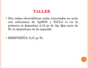 TALLER Dos cubas electrolíticas están conectados en serie con soluciones de AgNO3 y FeCL3 si en la primera se depositan 2,16 gr de Ag. Que peso de Fe se depositara en la segunda. RESPUESTA: 0,37 gr Fe 