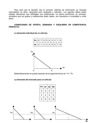 Pero para que la decisión sea la correcta, además de información se necesita
racionalidad, es decir, capacidad para analizarla y valorarla. Los agentes deben poder
adoptar decisiones que satisfagan sus preferencias. La teoría económica, en principio,
considera que los gustos y preferencias están dados, son transitivos e invariables a corto
plazo.


    CONDICIONES DE OFERTA, DEMANDA Y EQUILIBRIO EN COMPETENCIA
PERFECTA:


      La demanda individual de un artículo:


                               Px 8 7 6 5 4 3 2 1 0

                               dx 0 1 2 3 4 5 6 7 8


                         Px
                           8




                                                              qx
                               0                  8
      Matemáticamente se puede expresar de la siguiente forma dx = 8 – Px


      La demanda del mercado para un artículo:


                                    Px q1 q2 Qx

                                     8   0    0       0

                                     4   4    4       8

                                     0   8    8       16




 Px                      Px                           Px



                                                                                         Qx
 
