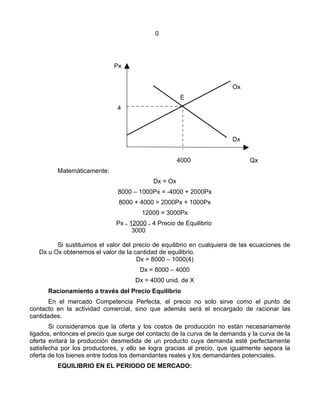 0




                              Px


                                                                        Ox
                                                      E
                               4




                                                                        Dx


                                                      4000                    Qx
         Matemáticamente:
                                            Dx = Ox
                               8000 – 1000Px = -4000 + 2000Px
                               8000 + 4000 = 2000Px + 1000Px
                                        12000 = 3000Px
                              Px = 12000 = 4 Precio de Equilibrio
                                    3000

         Si sustituimos el valor del precio de equilibrio en cualquiera de las ecuaciones de
   Dx u Ox obtenemos el valor de la cantidad de equilibrio.
                                      Dx = 8000 – 1000(4)
                                       Dx = 8000 – 4000
                                     Dx = 4000 unid. de X
      Racionamiento a través del Precio Equilibrio
       En el mercado Competencia Perfecta, el precio no solo sirve como el punto de
contacto en la actividad comercial, sino que además será el encargado de racionar las
cantidades.
       Si consideramos que la oferta y los costos de producción no están necesariamente
ligados, entonces el precio que surge del contacto de la curva de la demanda y la curva de la
oferta evitará la producción desmedida de un producto cuya demanda esté perfectamente
satisfecha por los productores, y ello se logra gracias al precio, que igualmente separa la
oferta de los bienes entre todos los demandantes reales y los demandantes potenciales.
         EQUILIBRIO EN EL PERIODO DE MERCADO:
 