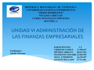 UNIDAD VI ADMINISTRACIÓN DE
LAS FINANZAS EMPRESARIALES
REPÚBLICA BOLIVARIANA DE VENEZUELA
UNIVERSIDAD NACIONAL EXPERIMENTAL
“SIMON RODRÍGUEZ”
NÚCLEO CARICUAO
CURSO: FINANZAS E IMPUESTO
SECCIÓN: A
PARTICIPANTES C.I
CHIRINOS YAMILE 17.250.447
MÉNDEZ ADRIANA 20.613.434
MATERANO YONAIRE 22.566.186
MOTA ENDERSON 22.670.187
GÉNESIS DELGADO 23.714.184
Facilitadora:
Oneida Marcano
 