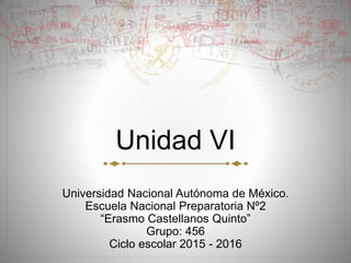 Unidad VI
Universidad Nacional Autónoma de México.
Escuela Nacional Preparatoria Nº2
“Erasmo Castellanos Quinto”
Grupo: 456
Ciclo escolar 2015 - 2016
 