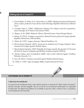 Apuntes para el estudio del Español ( i y II ) | 165
Bibliografía de la Unidad VI
1.- García Molina, B. Núñez, R. S.; de los Santos, J. (2006). Morfosintaxis funcional del español.
Teoría, análisis, producción. Sexta edición. Santo Domingo, República Dominicana: Editorial
Surco.
2.- González Tapia, C. (2001). Morfosintaxis hispánica (Un enfoque actual de la gramática).
Santo Domingo, R. D. Editora Universitaria UASD.
3.- Maqueo, A. M. (2000). Redacción. México: Editorial Limusa. Grupo Noriega Editores.
4.- Muñoz, O. (2012). La lengua en movimiento. Manual de teoría y práctica de Lengua Española.
República Dominicana. Editorial Búho.
5.- Núñez, M. (1997). Lengua y literatura. Editorial Santillana, S A.
6.- Real Academia Española. (2010). Asociación de Academias de la Lengua Española: Nueva
Gramática de la lengua española. Madrid: Espasa.
7.- Real Academia Española. (2010) Ortografía de la lengua española. Recuperado el 23 de junio
del 2012 de: http://es.wikipedia.org/wiki/Real_Academia_Espa%C3%B1ola
8.- Sánchez Lobato, Jesús (Coordinador) (2006). Saber escribir. Editorial Aguilar, Santillana
Ediciones Generales. S. L.
9.- Seco, M. (2011). Gramática esencial del español. Madrid: Editorial Espasa.
10.- Vallés, C. (1987). Ligero de equipaje. Bilbao, España Editorial Sal Térrea.
Actividades de la Unidad VI
I. Ejercicios de asimilación
Los ejercicios de asimilación tienen como objetivo ponerte en situación de “darle vueltas al material”,
hacerlo conocido, volverlo amigable. Aún no se trata de ver tus destrezas intelectuales o tu capacidad
de aplicación. Eso llegará más adelante en la medida en que leas, releas y vuelvas a leer, y se produzca
la internalización del contenido.
 