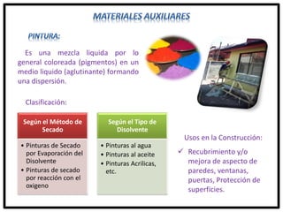 Es una mezcla liquida por lo
general coloreada (pigmentos) en un
medio liquido (aglutinante) formando
una dispersión.
Clasificación:
Según el Método de
Secado
• Pinturas de Secado
por Evaporación del
Disolvente
• Pinturas de secado
por reacción con el
oxigeno
Según el Tipo de
Disolvente
• Pinturas al agua
• Pinturas al aceite
• Pinturas Acrilicas,
etc.
Usos en la Construcción:
 Recubrimiento y/o
mejora de aspecto de
paredes, ventanas,
puertas, Protección de
superficies.
 