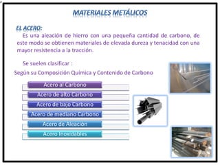 Es una aleación de hierro con una pequeña cantidad de carbono, de
este modo se obtienen materiales de elevada dureza y tenacidad con una
mayor resistencia a la tracción.
Se suelen clasificar :
Según su Composición Química y Contenido de Carbono
Acero al Carbono
Acero de alto Carbono
Acero de bajo Carbono
Acero de mediano Carbono
Acero de Aleación
Acero Inoxidables
 