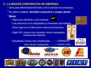 2.- LA IMAGEN CORPORATIVA DE EMPRESA: * Sirve para diferenciarse de otras y dar a conocer sus productos. * Se utiliza la  marca ,  identidad corporativa  e  imagen global . *  Marca : Signo que identifica a una empresa. Los artesanos en la antigüedad ya marcaban sus trabajos. Gran auge con la fabricación masiva de productos. Siglo XIX: marcas muy barrocas, textos recargados, ilustraciones realistas. Actualidad: formas más simplificadas abstracción más visual e impactante colores vivos 