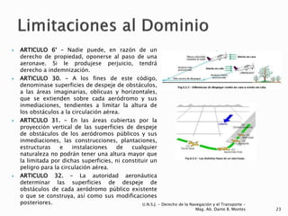  ARTICULO 6° – Nadie puede, en razón de un
derecho de propiedad, oponerse al paso de una
aeronave. Si le produjese perjuicio, tendrá
derecho a indemnización.
 ARTICULO 30. – A los fines de este código,
denominase superficies de despeje de obstáculos,
a las áreas imaginarias, oblicuas y horizontales,
que se extienden sobre cada aeródromo y sus
inmediaciones, tendientes a limitar la altura de
los obstáculos a la circulación aérea.
 ARTICULO 31. – En las áreas cubiertas por la
proyección vertical de las superficies de despeje
de obstáculos de los aeródromos públicos y sus
inmediaciones, las construcciones, plantaciones,
estructuras e instalaciones de cualquier
naturaleza no podrán tener una altura mayor que
la limitada por dichas superficies, ni constituir un
peligro para la circulación aérea.
 ARTICULO 32. – La autoridad aeronáutica
determinar las superficies de despeje de
obstáculos de cada aeródromo público existente
o que se construya, así como sus modificaciones
posteriores.

U.N.S.J. - Derecho de la Navegación y el Transporte –
Mag. Ab. Dante B. Montes 23
 
