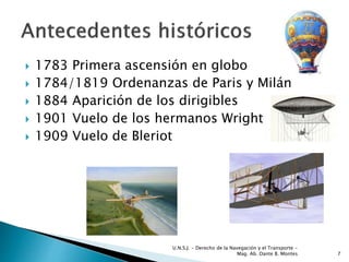  1783 Primera ascensión en globo
 1784/1819 Ordenanzas de Paris y Milán
 1884 Aparición de los dirigibles
 1901 Vuelo de los hermanos Wright
 1909 Vuelo de Bleriot
7
U.N.S.J. - Derecho de la Navegación y el Transporte –
Mag. Ab. Dante B. Montes
 