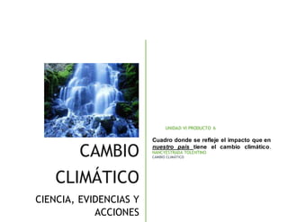 CAMBIO
CLIMÁTICO
CIENCIA, EVIDENCIAS Y
ACCIONES
UNIDAD VI PRODUCTO 6
Cuadro donde se refleje el impacto que en
nuestro país tiene el cambio climático.
NANCYESTRADA TOLENTINO
CAMBIO CLIMÁTICO
 