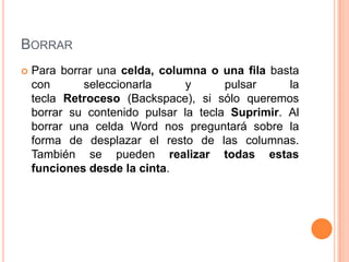 BORRAR
   Para borrar una celda, columna o una fila basta
    con      seleccionarla      y      pulsar     la
    tecla Retroceso (Backspace), si sólo queremos
    borrar su contenido pulsar la tecla Suprimir. Al
    borrar una celda Word nos preguntará sobre la
    forma de desplazar el resto de las columnas.
    También se pueden realizar todas estas
    funciones desde la cinta.
 