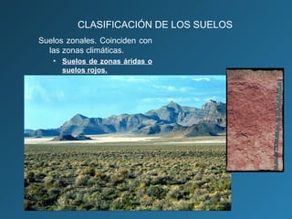 CLASIFICACIÓN DE LOS SUELOS
Suelos zonales. Coinciden con
las zonas climáticas.
• Suelos de zonas áridas o
suelos rojos.

 