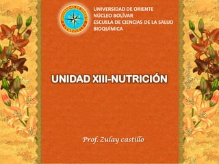 UNIVERSIDAD DE ORIENTE
   NÚCLEO BOLÍVAR
   ESCUELA DE CIENCIAS DE LA SALUD
   BIOQUÍMICA




Prof. Zulay castillo
 