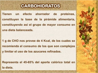 CARBOHIDRATOS
Tienen      un   efecto   ahorrador   de   proteínas,
constituyen la base de la pirámide alimentaria,
constituyendo así el grupo de mayor consumo en
una dieta balanceada.


1 g de CHO nos provee de 4 Kcal, de los cuales se
recomienda el consumo de los que son complejos
y limitar el uso de los azucares refinados.


Representa el 45-65% del aporte calórico total en
la dieta.
 