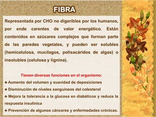 FIBRA
Representada por CHO no digeribles por los humanos,
por   ende    carentes    de   valor   energético.    Están
contenidos en azúcares complejos que forman parte
de las paredes vegetales, y pueden ser solubles
(hemicelulosa, mucilagos, polisacáridos de algas) o
insolubles (celulosa y lignina).


        Tienen diversas funciones en el organismo:
♣ Aumento del volumen y suavidad de deposiciones
♣ Disminución de niveles sanguíneos del colesterol
♣ Mejora la tolerancia a la glucosa en diabéticos y reduce la
respuesta insulínica
♣ Prevención de algunos cánceres y enfermedades crónicas.
 