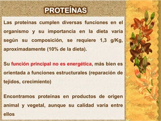 PROTEÍNAS
Las proteínas cumplen diversas funciones en el
organismo y su importancia en la dieta varia
según su composición, se requiere 1,3 g/Kg,
aproximadamente (10% de la dieta).


Su función principal no es energética, más bien es
orientada a funciones estructurales (reparación de
tejidos, crecimiento)


Encontramos proteínas en productos de origen
animal y vegetal, aunque su calidad varía entre
ellos
 