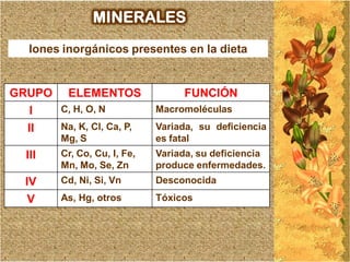 MINERALES
   Iones inorgánicos presentes en la dieta


GRUPO ELEMENTOS                    FUNCIÓN
   I  C, H, O, N             Macromoléculas
  II  Na, K, Cl, Ca, P,      Variada, su deficiencia
        Mg, S                es fatal
  III   Cr, Co, Cu, I, Fe,   Variada, su deficiencia
        Mn, Mo, Se, Zn       produce enfermedades.
  IV    Cd, Ni, Si, Vn       Desconocida
   V    As, Hg, otros        Tóxicos
 