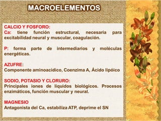MACROELEMENTOS

CALCIO Y FOSFORO:
Ca: tiene función estructural, necesaria            para
excitabilidad neural y muscular, coagulación.

P: forma parte     de   intermediarios   y   moléculas
energéticas.

AZUFRE:
Componente aminoacídico, Coenzima A, Ácido lipóico

SODIO, POTASIO Y CLORURO:
Principales iones de líquidos biológicos. Procesos
enzimáticos, función muscular y neural.

MAGNESIO
Antagonista del Ca, estabiliza ATP, deprime el SN
 