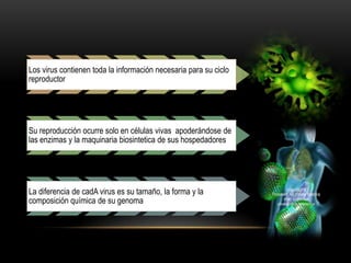 Los virus contienen toda la información necesaria para su ciclo
reproductor
Su reproducción ocurre solo en células vivas apoderándose de
las enzimas y la maquinaria biosintetica de sus hospedadores
La diferencia de cadA virus es su tamaño, la forma y la
composición química de su genoma