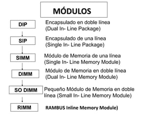 MÓDULOS
 DIP      Encapsulado en doble línea
          (Dual In- Line Package)

 SIP      Encapsulado de una línea
          (Single In- Line Package)

SIMM      Módulo de Memoria de una línea
          (Single In- Line Memory Module)
          Módulo de Memoria en doble línea
 DIMM
          (Dual In- Line Memory Module)

SO DIMM   Pequeño Módulo de Memoria en doble
          línea (Small In- Line Memory Module)

RIMM      RAMBUS Inline Memory Module)
 