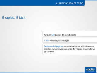 A UNIDAS CUIDA DE TUDO É rápido. É fácil. Mais de  120  pontos de atendimento 7.000  veículos para locação Gestores de Negócios  especializados em atendimento a clientes corporativos, agências de viagens e operadoras de turismo 