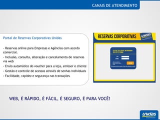 CANAIS DE ATENDIMENTO Portal de Reservas Corporativas Unidas - Reservas online para Empresas e Agências com acordo comercial. - Inclusão, consulta, alteração e cancelamento de reservas via web - Envio automático do voucher para a loja, emissor e cliente - Gestão e controle de acessos através de senhas individuais - Facilidade, rapidez e segurança nas transações WEB, É RÁPIDO, É FÁCIL, É SEGURO, É PARA VOCÊ! 