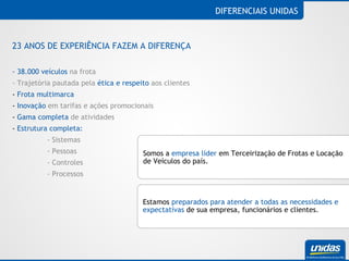 Somos a  empresa líder  em Terceirização de Frotas e Locação de Veículos do país. DIFERENCIAIS UNIDAS 23 ANOS DE EXPERIÊNCIA FAZEM A DIFERENÇA - 38.000 veículos  na frota - Trajetória pautada pela  ética e respeito  aos clientes -  Frota multimarca -  Inovação  em tarifas e ações promocionais -  Gama completa  de atividades -  Estrutura completa: - Sistemas - Pessoas - Controles  - Processos Estamos  preparados para atender a todas as necessidades e expectativas  de sua empresa, funcionários e clientes. 