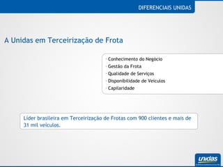 Conhecimento do Negócio Gestão da Frota Qualidade de Serviços Disponibilidade de Veículos Capilaridade DIFERENCIAIS UNIDAS A Unidas em Terceirização de Frota Líder brasileira em Terceirização de Frotas com 900 clientes e mais de 31 mil veículos. 
