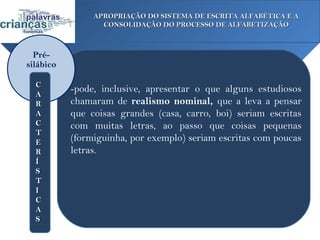 APROPRIAÇÃO DO SISTEMA DE ESCRITA ALFABÉTICA E A
                  CONSOLIDAÇÃO DO PROCESSO DE ALFABETIZAÇÃO



  Pré-
silábico

  C
  A
           -pode, inclusive, apresentar o que alguns estudiosos
  R        chamaram de realismo nominal, que a leva a pensar
  A        que coisas grandes (casa, carro, boi) seriam escritas
  C        com muitas letras, ao passo que coisas pequenas
  T
  E        (formiguinha, por exemplo) seriam escritas com poucas
  R        letras.
  Í
  S
  T
  I
  C
  A
  S
 