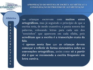 APROPRIAÇÃO DO SISTEMA DE ESCRITA ALFABÉTICA E A
                   CONSOLIDAÇÃO DO PROCESSO DE ALFABETIZAÇÃO




Alfabética   -as crianças escrevem com muitos erros
             ortográficos, mas já seguindo o princípio de que a
   C
   A         escrita nota, de modo exaustivo, a pauta sonora das
   R         palavras, colocando letras para cada um dos
   A         “sonzinhos” que aparecem em cada sílaba, pois
   C
   T
             acreditam que a escrita é a transcrição exata da
   E         fala.
   R         -é apenas nesta fase que as crianças devem
   Í         começar a refletir de forma sistemática sobre as
   S
   T         convenções ortográficas, assim como só a partir
   I         daí é que se recomenda a escrita frequente em
   C         letra cursiva.
   A
   S
 