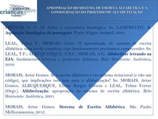APROPRIAÇÃO DO SISTEMA DE ESCRITA ALFABÉTICA E A
                        CONSOLIDAÇÃO DO PROCESSO DE ALFABETIZAÇÃO



FREITAS, G. C. M. Sobre a consciência fonológica. In: LAMPRECHT, R.
Aquisição fonológica do português. Porto Alegre: Artmed, 2004.

LEAL, Telma F.; MORAIS, Artur. O aprendizado do sistema de escrita
alfabética: uma tarefa complexa, cujo funcionamento precisamos compreender. In:
LEAL, T.F.; ALBUQUERQUE, E.B.C.; MORAIS, A.G. Alfabetizar letrando na
EJA: fundamentos teóricos e propostas didáticas. Belo Horizonte: Autêntica,
2010.

MORAIS, Artur Gomes. Se a escrita alfabética é um sistema notacional (e não um
código), que implicações isto tem para a alfabetização? In: MORAIS, Artur
Gomes, ALBUQUERQUE, Eliana Borges Correia e LEAL, Telma Ferraz
(Orgs.). Alfabetização: apropriação do sistema de escrita alfabética. Belo
Horizonte: Autêntica, 2005.

MORAIS, Artur Gomes. Sistema de Escrita Alfabética. São Paulo:
Melhoramentos, 2012.
 
