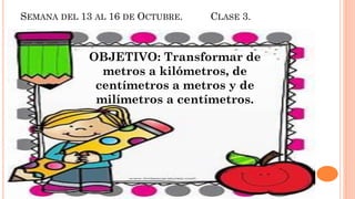 SEMANA DEL 13 AL 16 DE OCTUBRE. CLASE 3.
OBJETIVO: Transformar de
metros a kilómetros, de
centímetros a metros y de
milímetros a centímetros.
 
