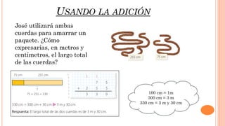 USANDO LA ADICIÓN
José utilizará ambas
cuerdas para amarrar un
paquete. ¿Cómo
expresarías, en metros y
centímetros, el largo total
de las cuerdas?
100 cm = 1m
300 cm = 3 m
330 cm = 3 m y 30 cm
 