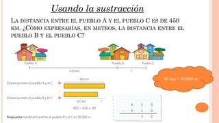 LA DISTANCIA ENTRE EL PUEBLO A Y EL PUEBLO C ES DE 450
KM. ¿CÓMO EXPRESARÍAS, EN METROS, LA DISTANCIA ENTRE EL
PUEBLO B Y EL PUEBLO C?
30 km = 30.000 m
Usando la sustracción
 
