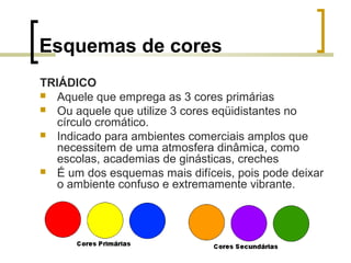 Esquemas de cores
TRIÁDICO
 Aquele que emprega as 3 cores primárias
 Ou aquele que utilize 3 cores eqüidistantes no
círculo cromático.
 Indicado para ambientes comerciais amplos que
necessitem de uma atmosfera dinâmica, como
escolas, academias de ginásticas, creches
 É um dos esquemas mais difíceis, pois pode deixar
o ambiente confuso e extremamente vibrante.

 