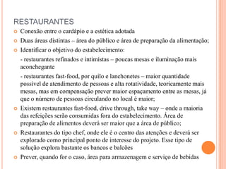 RESTAURANTES










Conexão entre o cardápio e a estética adotada
Duas áreas distintas – área do público e área de preparação da alimentação;
Identificar o objetivo do estabelecimento:
- restaurantes refinados e intimistas – poucas mesas e iluminação mais
aconchegante
- restaurantes fast-food, por quilo e lanchonetes – maior quantidade
possível de atendimento de pessoas e alta rotatividade, teoricamente mais
mesas, mas em compensação prever maior espaçamento entre as mesas, já
que o número de pessoas circulando no local é maior;
Existem restaurantes fast-food, drive through, take way – onde a maioria
das refeições serão consumidas fora do estabelecimento. Área de
preparação de alimentos deverá ser maior que a área de público;
Restaurantes do tipo chef, onde ele é o centro das atenções e deverá ser
explorado como principal ponto de interesse do projeto. Esse tipo de
solução explora bastante os bancos e balcões
Prever, quando for o caso, área para armazenagem e serviço de bebidas

 