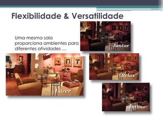 Flexibilidade & Versatilidade
Uma mesma sala
proporciona ambientes para
diferentes atividades …

Jantar

“Relax”

Lazer
Íntimo

 