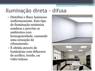 Iluminação direta - difusa
• Distribui o fluxo luminoso
uniformemente. Este tipo
de iluminação minimiza
sombras e provém os
ambientes com
homogeneidade, causando
uma sensação de
relaxamento.
• É obtida através de
luminárias com difusores
de acrílico, tecido, ou
vidro leitoso

 