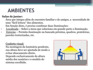 AMBIENTES
Salas de jantar:
Área que integra além do encontro familiar e de amigos, a necessidade de
uma “fácil leitura” dos alimentos.
Em função disto, é preciso combinar duas iluminações:
•
Localizada – Sobre a mesa que soluciona em grande parte a iluminação.
•
Entorno – Permita iluminação na bancada próxima, quadros, prateleiras,
paredes texturizadas, etc.
Conforto visual:
Na montagem da luminária pendente,
sua altura deve ser ajustada de modo a
evitar ofuscamento direto.
Depende exclusivamente da altura
média dos usuários e o modelo do
sistema escolhido.

 