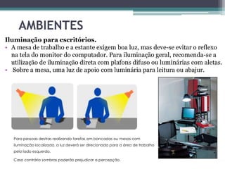 AMBIENTES
Iluminação para escritórios.
• A mesa de trabalho e a estante exigem boa luz, mas deve-se evitar o reflexo
na tela do monitor do computador. Para iluminação geral, recomenda-se a
utilização de iluminação direta com plafons difuso ou luminárias com aletas.
• Sobre a mesa, uma luz de apoio com luminária para leitura ou abajur.

Para pessoas destras realizando tarefas em bancadas ou mesas com
iluminação localizada, a luz deverá ser direcionada para a área de trabalho

pelo lado esquerdo.
Caso contrário sombras poderão prejudicar a percepção.

 