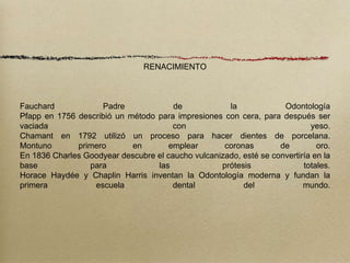 RENACIMIENTO

Fauchard
Padre
de
la
Odontología
Pfapp en 1756 describió un método para impresiones con cera, para después ser
vaciada
con
yeso.
Chamant en 1792 utilizó un proceso para hacer dientes de porcelana.
Montuno
primero
en
emplear
coronas
de
oro.
En 1836 Charles Goodyear descubre el caucho vulcanizado, esté se convertiría en la
base
para
las
prótesis
totales.
Horace Haydée y Chaplin Harris inventan la Odontología moderna y fundan la
primera
escuela
dental
del
mundo.

 